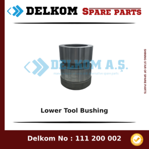Lower tool bushing: a cylindrical metal tool part with a grooved surface and dark base, shown with Delkom branding.